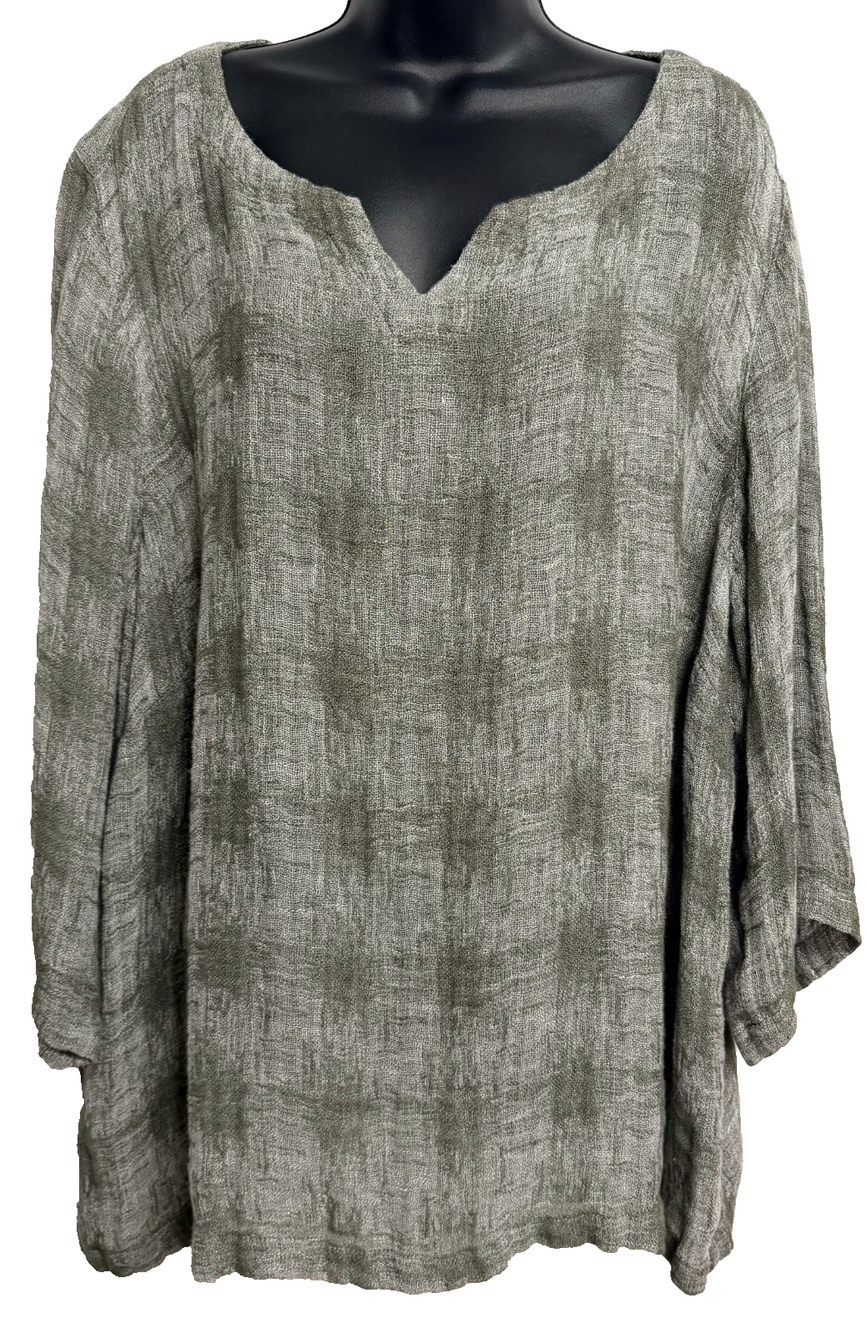 Pure Jill Notch Neck Tunic Top Women's 3X Green Linen Blend Knit 3/4 Sleeve Top